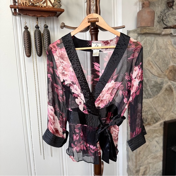 Vintage Tops - Vintage Y2K Silk Floral Sheer Black and Pink Wrap Top women’s Medium
